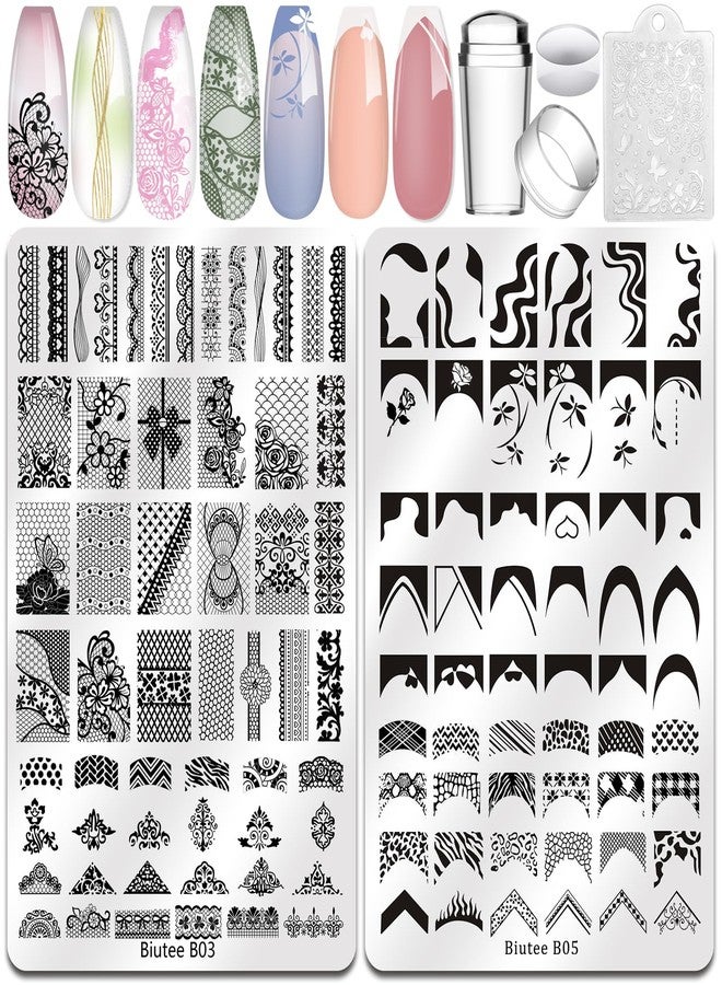 Biutee Nail Stamping Plates 2Pcs French Tip Stamp Plate 110 Patterns Nail Stamping Kit With Silicone Stamper Scraper Large Lace Line Flower Nail Art Stamping Template Christmas Holiday Gift for Women - Image 1